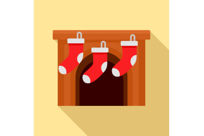 Xmas socks on fireplace icon, flat style