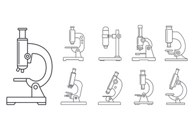 Biology microscope icon set, outline style