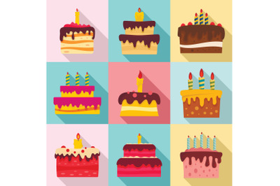 Cake birthday icon set, flat style