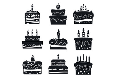Cream cake birthday icon set, simple style