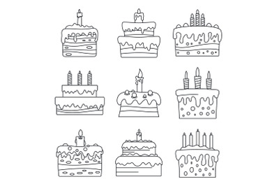 Sweet cake birthday icon set, outline style