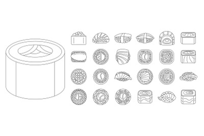 Asian sushi roll icon set, outline style