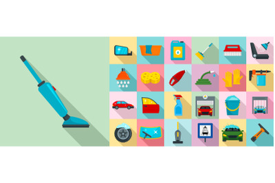 Car wash icon set, flat style