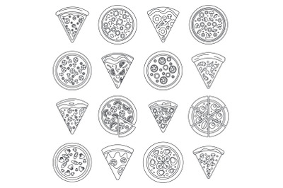 Pizza slice icon set, outline style