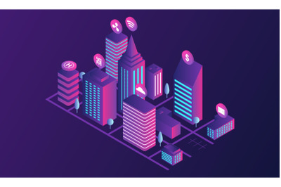 Futuristic city concept banner, isometric style