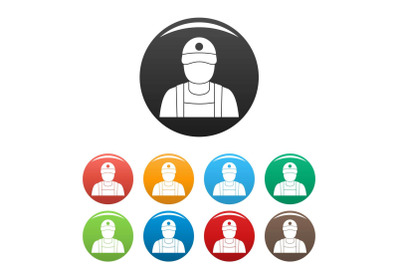 Petrol station man icons set color