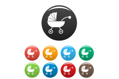 Baby carriage icons set color