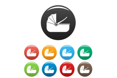 Baby carriage basket icons set color