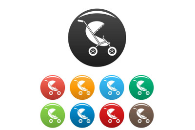 Baby stroller icons set color