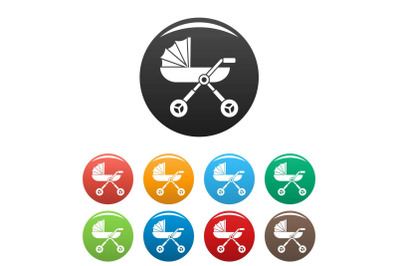 Baby pram carriage icons set color