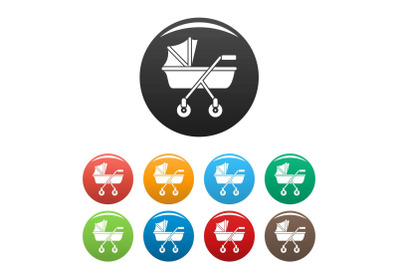 New baby carriage icons set color