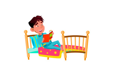 Boy Child Laying In Bed And Reading Book Vector