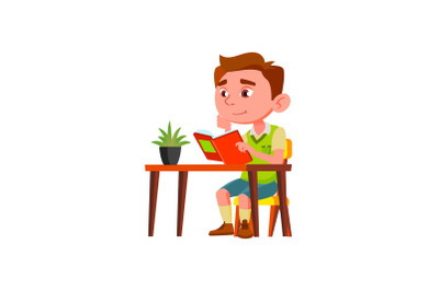 Boy Child Reading Interesting Book At Table Vector