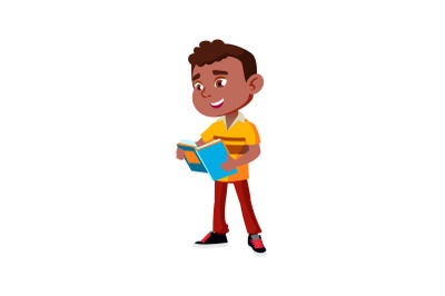 Pupil Boy Reading Book In School Corridor Vector