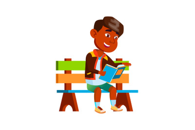 Boy Sitting On Park Bench And Reading Book Vector