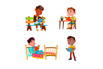 Boys Children Reading Education Books Set Vector