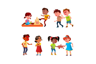 Kids Aggression Fighting And Bullying Set Vector