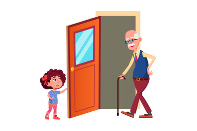 Girl Child Opening Door For Grandfather Vector