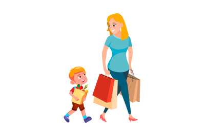 Boy Child Help Woman Carrying Shopping Bag Vector