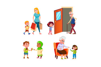 Kids Good Manners Different Situations Set Vector