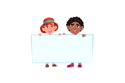 Boy And Girls Kids Holding Blank Banner Vector