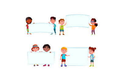 Kids Boys And Girls With Blank Banners Set Vector