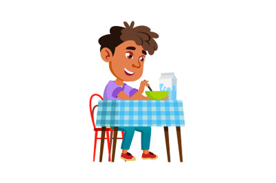 Boy Eating Healthy Morning Breakfast Food Vector