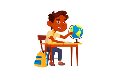 Boy Child Studying On Geography Lesson Vector