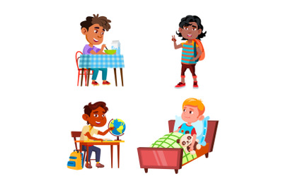 Boys Kids Doing Daily Routine Activity Set Vector