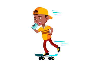 Boy Riding Skateboard And Drinking Drink Vector