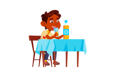 Boy Child Drinking Natural Juice At Table Vector