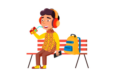 Boy Kid Sitting On Bench And Drink Juice Vector