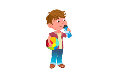 Boy Child Drinking Water On Playground Vector