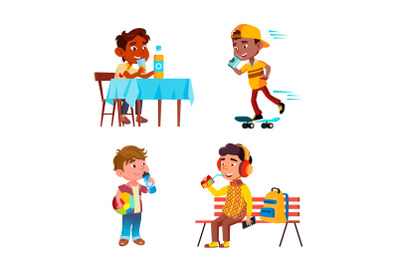 Boys Kids Drinking Delicious Drink Set Vector