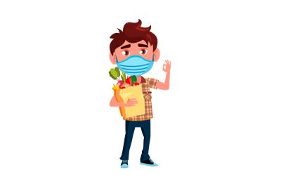 Boy Kid With Facial Mask Holding Food Bag Vector