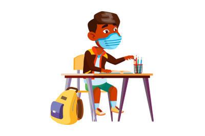 Boy Child With Facial Mask Study In School Vector