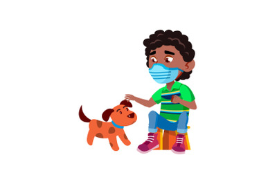 Boy Child Wear Facial Mask Playing With Dog Vector