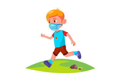 Boy Kid Wearing Facial Mask Running In Park Vector