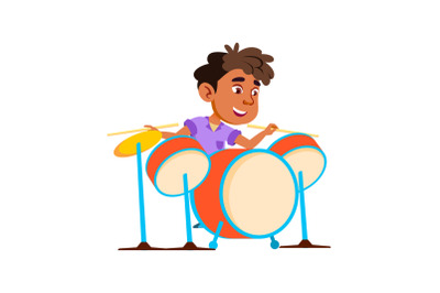 Boy Kid Playing Rock And Roll On Drum Kit Vector