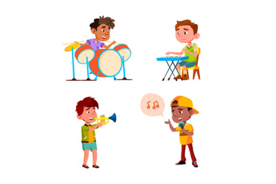 Kids Boys Playing In Music Orchestra Set Vector