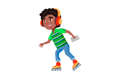 Boy Riding Roller Skates And Listen Music Vector