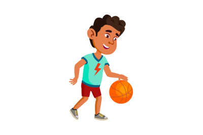 Boy Child Playing Basketball On Playground Vector