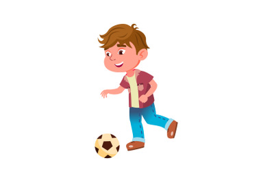 Boy Kid Playing Football Game On Stadium Vector