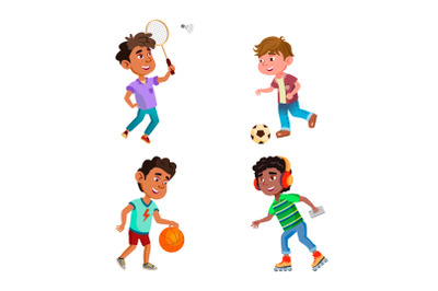 Kids Boys Play Sport Game On Playground Set Vector