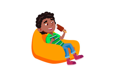 Boy Kid Eating Ice Cream In Soft Chair Vector