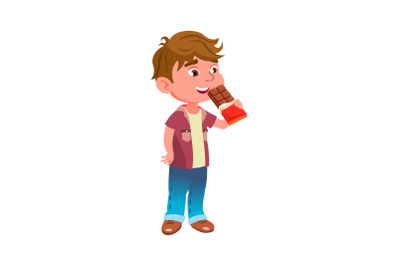 Boy Child Eating And Enjoying Chocolate Bar Vector