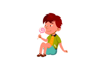 Boy Child Enjoying Sweet Lollipop Candy Vector