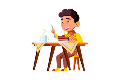 Boy Kid Eating Delicious Cake Breakfast Vector