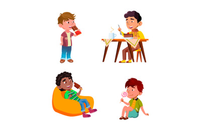 Boys Children Eating Delicious Sweets Set Vector