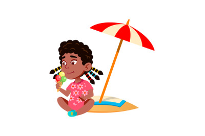 Girl Sitting On Beach And Eating Ice Cream Vector